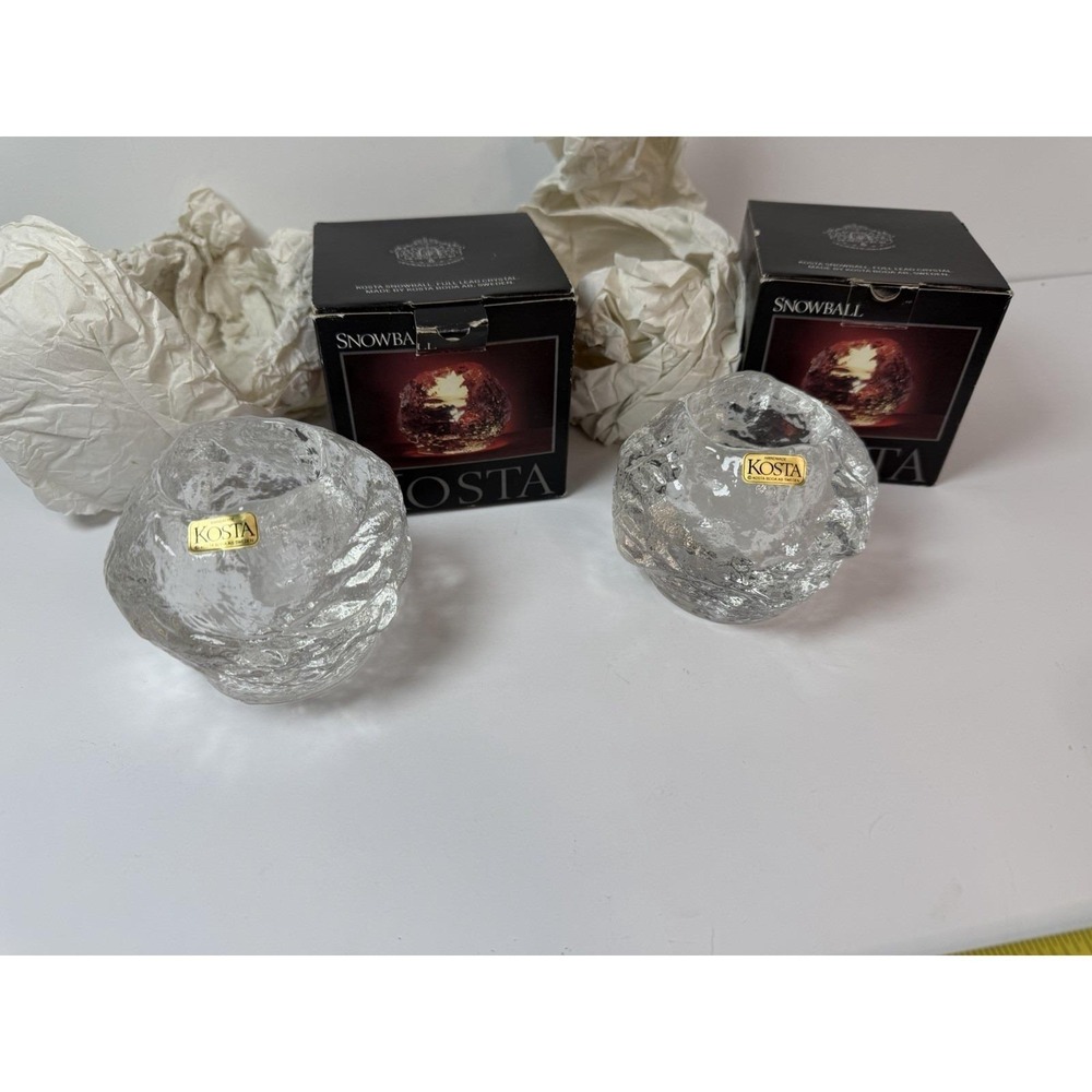 Set Of 2 Kosta Boda Crystal Snowball Votives Sweden Tea Light Candle